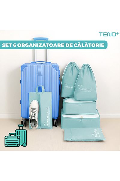 Teno Set of 6 Teno® travel organizers, travel luggage, double zipper closure, turquoise
