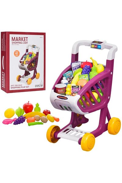 WePro Store Coș de cumpărături pentru copii, violet, lumini, sunete, 41 de accesorii, fructe, legume, bani, 3+ ani