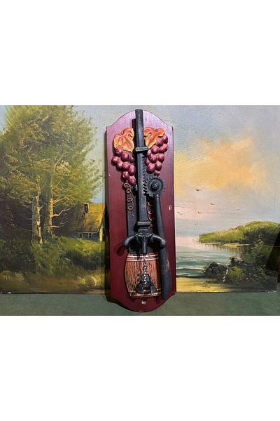 tayfuntufan antika koleksiyon Wall Mounted Metal Wine Opener Corkscrew on Wooden Base Measures 41 cm 14 cm