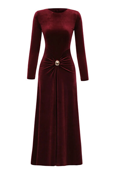 Keikei Bordo kadife uzun kol uzun elbise