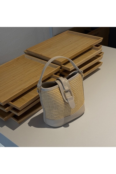 Garrio Cross-Use Mini Straw Hand and Shoulder Bag with Faux Leather Detail Cream