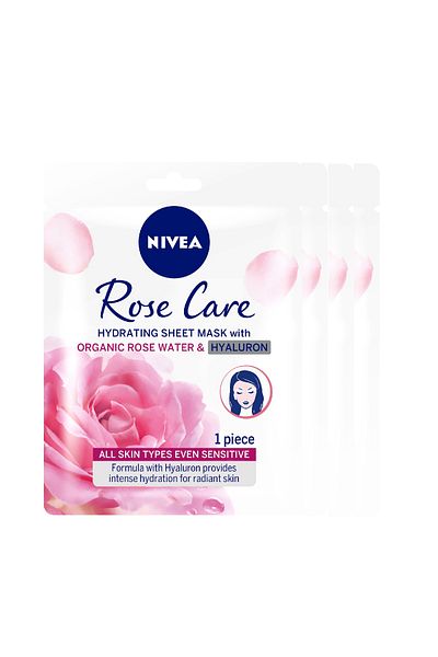 NIVEA Rose Care Hydrating Face Sheet Mask Organic Rose Water & Hyaluron, 1 Mask, Pack of 4