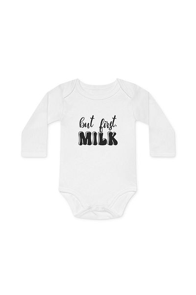 OEM Body Bebelusi, alb, Nou Nascut, fete/baieti, cu mesaj amuzant, marimea 62, But First Milk