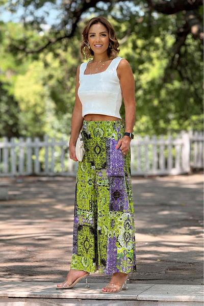 Nevin Kaya Moda Italian Green Amber Patterned 100% Cotton Viscose Trousers