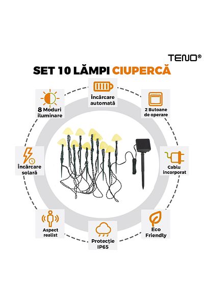Teno Set 10 Lampi Solare Tip Ciuperca Teno®, 8 moduri de iluminare, alb cald