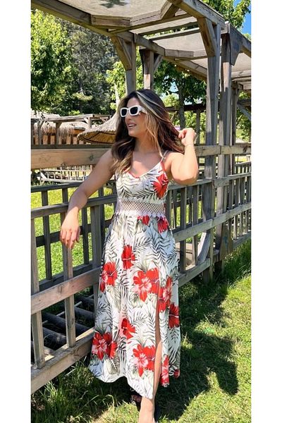 nedo7 Women's rope strap v neck waist guipure floral print side slit maxi single jersey dress