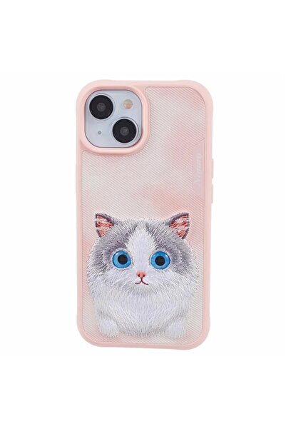 Nimmy iPhone 15 Uyumlu 3D Gerçek Nakış İşlemeli Kedi Kabartmalı Göz Detaylı B...