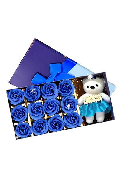 Teno Ursulet cu Trandafiri din Sapun Teno®, ”I LOVE YOU”, 12 trandafiri, albastru regal