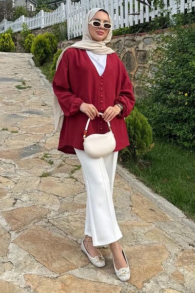 Tesettür Diyarı Kimono din in roșu Claret Lena - Mărime standard (Compatibil 38-42)