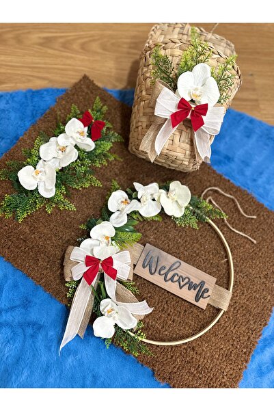 Marrone Welcome Hoşgeldiniz Σετ διακοσμητικών στοιχείων για την πόρτα με ορχιδέες, στολίδι για την πόρτα, χαλάκι και καλάθι, σετ 3 τεμαχίων διακόσμησης για την πόρτα