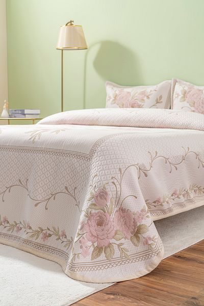 NEEA HOME Roses Love Double Jacquard Bedspread Set Natural Beige Pique Cover Set 260X260 cm