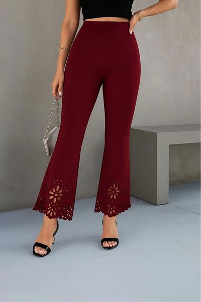 nedo7 Women's High Waist Expanding to the Leg Laser Flower Cut Detailed Imported Crepe Trousers