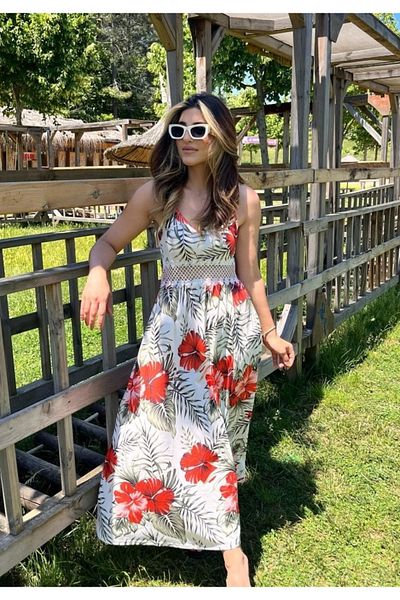nedo7 Women's rope strap v neck waist guipure floral print side slit maxi single jersey dress