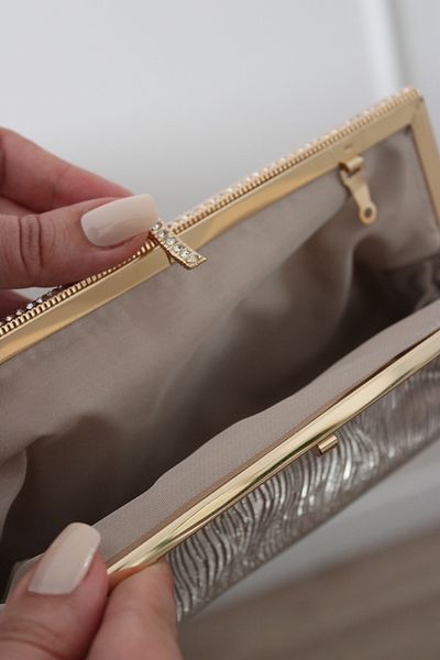 Mimoza Women's Gold Glitter Textured Metal Framed Evening Dress Clutch Bag with Stone Detail