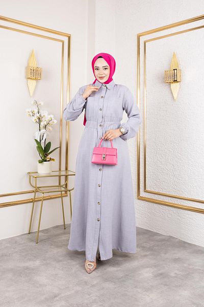HARMAN BUTİK Women's Pocket Detailed Buttoned Waist Elastic Gray Dress