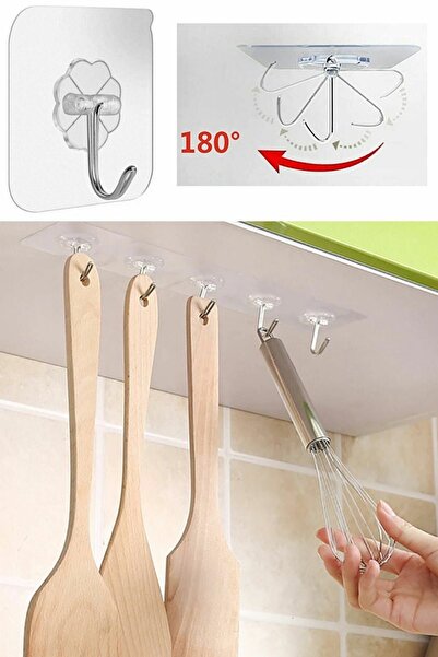 Shopimo 5 adet Kendinden Yapışkanlı Şeffaf Askı Metal Kancalı Askılık