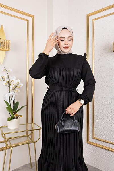 HARMAN BUTİK Γυναικείο βολάν Λεπτομερές Μαύρο Λινό Φόρεμα με Ζώνη