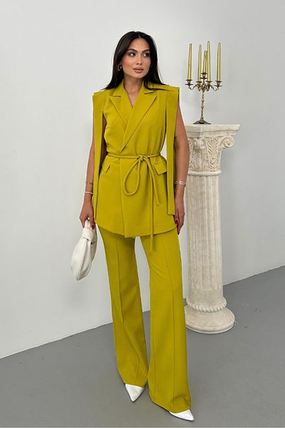 spirituel Women's Top and Bottom Double Suit Shoulder Detailed Belted Vest Pants Suit