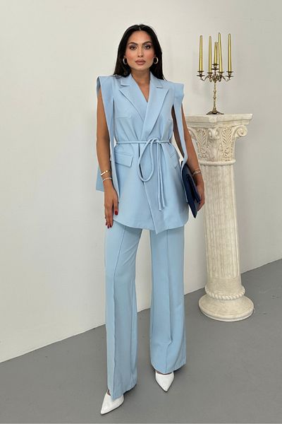 spirituel Women's Top and Bottom Double Suit Shoulder Detailed Belted Vest Pants Suit