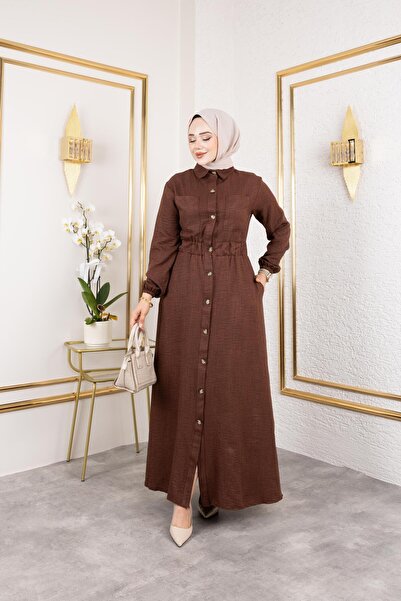 HARMAN BUTİK Γυναικείο φόρεμα με λεπτομέρεια τσέπης με ελαστική μέση καφέ