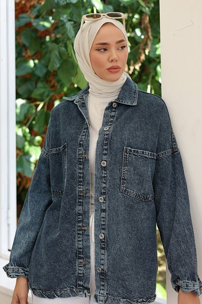 TOFİSA Women's Oversize Pocket Detail Denim Shirt Jacket Blue - 26571