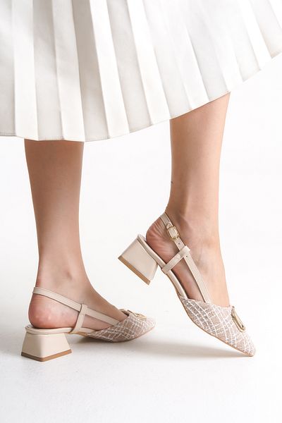 leopar by çetinay Beige Linen Women's Heeled Shoes/Stiletto with Gold Buckle Detail