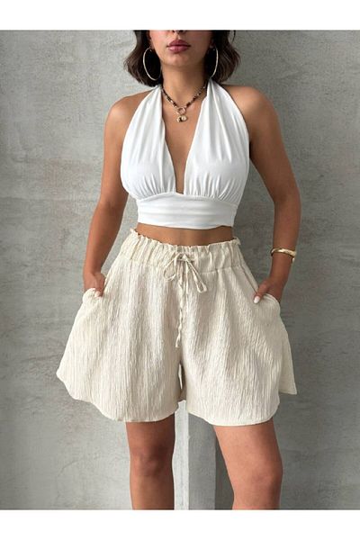 Bleu Petite Lace-Up Comfortable Fit Crinkle Fabric Women's Shorts