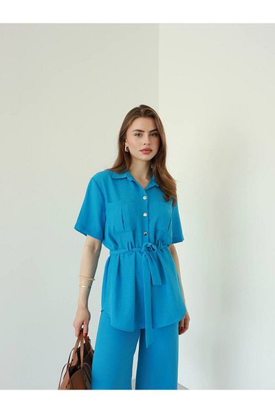 studio fashion 1988 Blue 100% Cotton Waist Belted Gold Button Detailed Shirt Trousers Suit