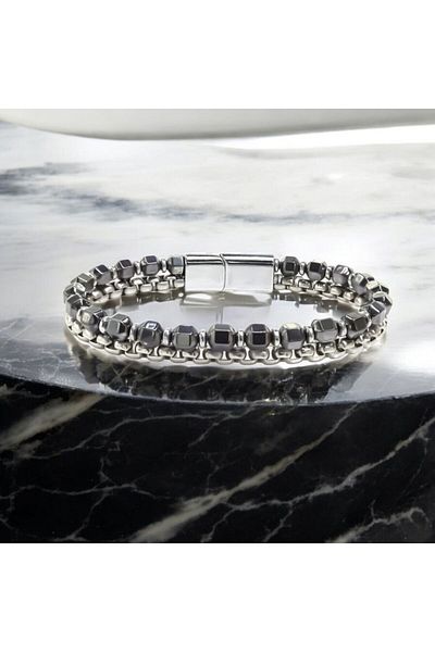 AKSESUARIM Two Row Natural Stone and Steel Bracelet