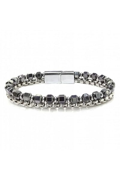 AKSESUARIM Two Row Natural Stone and Steel Bracelet
