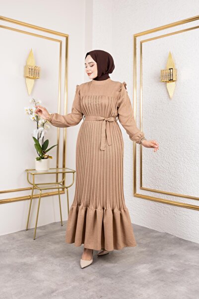 HARMAN BUTİK Γυναικείο βολάν Λεπτομερές Μπεζ λινό φόρεμα με ζώνη