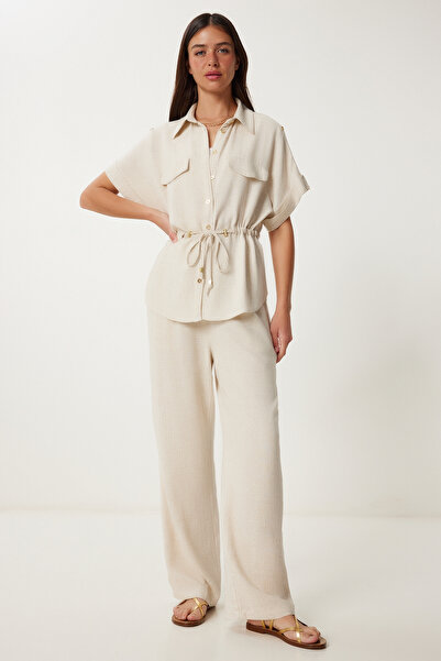 Lovelyİstanbul Σετ Παντελόνι Λινό Μπουφάν ΚΡΕΜΑ LDP0057