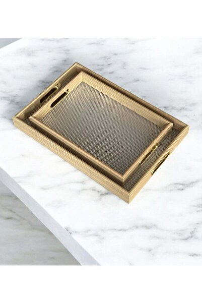 unbranded مجموعة من صينيتين تقديم مستطيلتين مزخرفتين من الخشب والزجاج