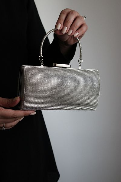 Mimoza Women's Silver Stone Detailed Oval Evening Dress Hand and Shoulder Bag