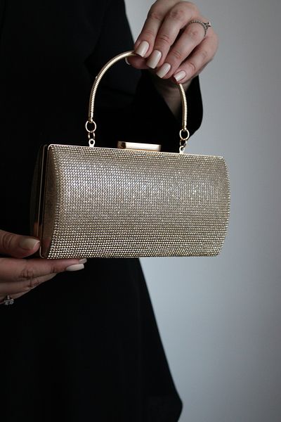 Mimoza Women's Gold Stone Detailed Oval Evening Dress Hand and Shoulder Bag
