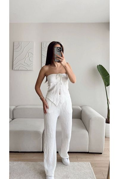 Zoom Butik Front Tie Crop & Pants Set - White