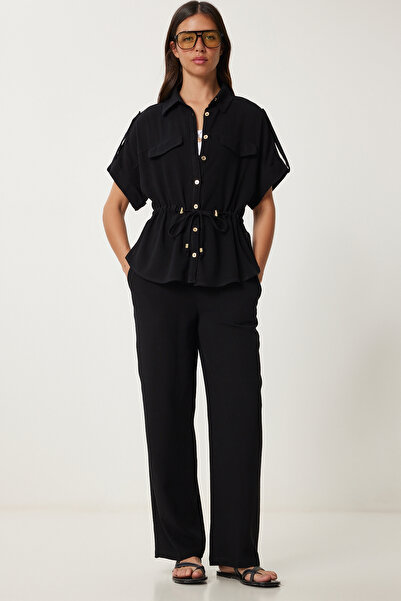 Lovelyİstanbul Σετ Παντελόνι Λινό Μπουφάν ΜΑΥΡΟ LDP0057