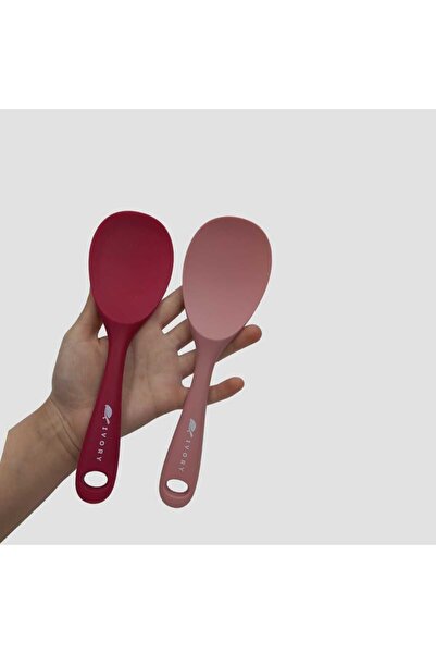 PAZAROLAY Ivory Silicone Fireproof Non-Stick Spoon Set of 2 Dark-Powder Pink