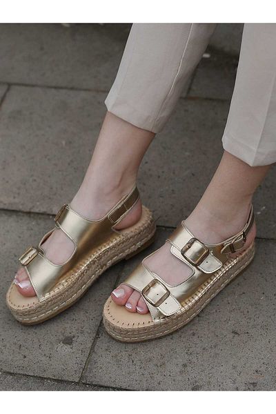 EREN SHOES BAG Valeri̇ (Moly-5303) Genuine Leather Adjustable Band Buckle Flat Sole Women's Sandals
