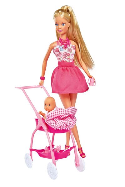 Simba STEFFI DOLL IN PINK DRESS AND WITH BABY STROLLER