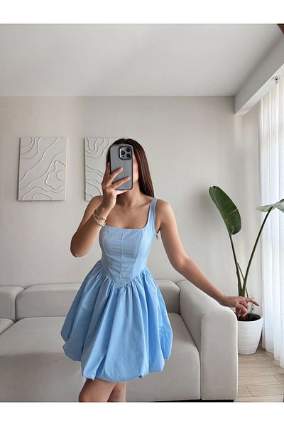 Zoom Butik Waist Corset Balloon Skirt Dress - Blue