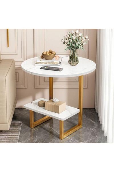 Generic Small Place Endtable Side Table with Open Storage, 2-Tier Modern Marble Texture End Table, Sofa Side