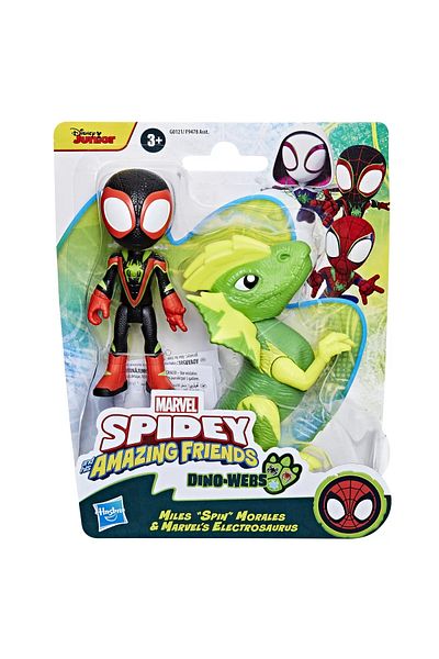 Hasbro SPIDEY AND FRIENDS MARVEL DINO WEBS MILES SPIN MORALES AND MARVEL'S ELECTROSAURUS