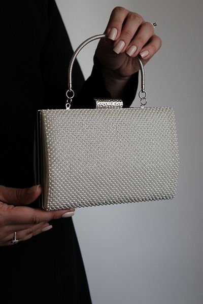 Mimoza Women's Pearl and Stone Detailed Metal Handle Evening Dress Clutch Bag
