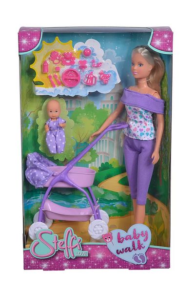 Simba STEFFI DOLL IN PURPLE TROUSERS AND WITH BABY STROLLER