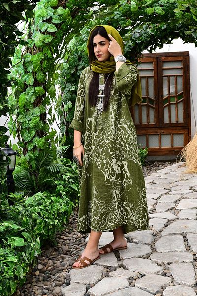 Ranasubaşı Linen Three Button V Neck Dress Ktn03