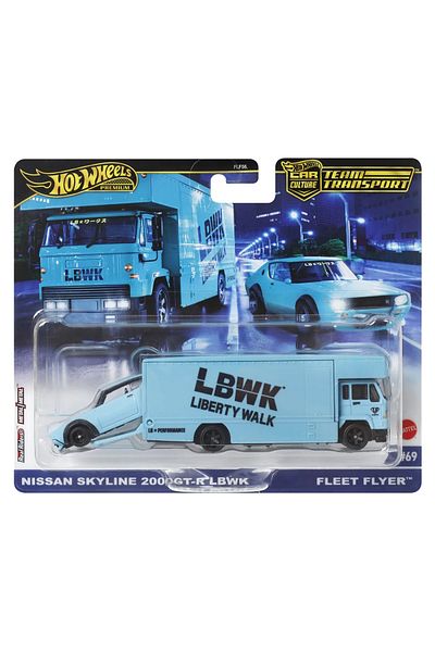 HOT WHEELS FLEET FLYER CAR TRANSPORTER WITH NISSAN SKYLINE 2000 GT-R LBWK SCALE 1:64