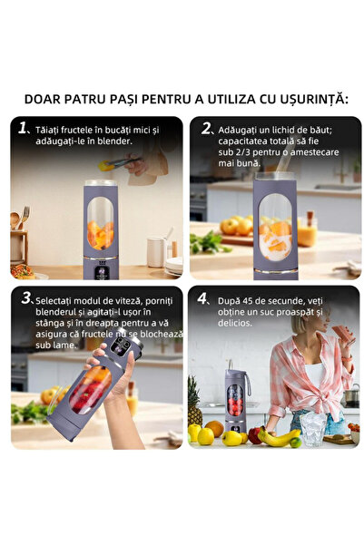 Razo MINI BLENDER ELECTRIC PORTABIL RAZO, MULTIFUNCȚIONAL, ÎNCĂRCARE USB, CONTROL MULTIVITEZĂ, 450ml, Mov