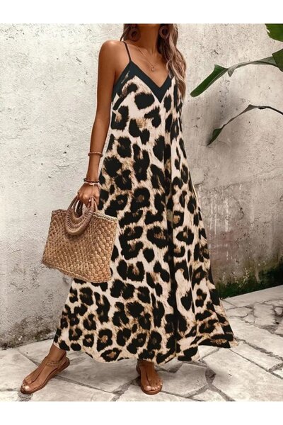 Viyamo Νέα σεζόν Γυναικείο φόρεμα με λουράκι με φαρδύ V λαιμό Leopard print
