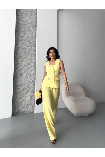 VZ BUTİK Women's Bottom Top Double Set Stylish Button Detail Square Neck Vest Pants Set